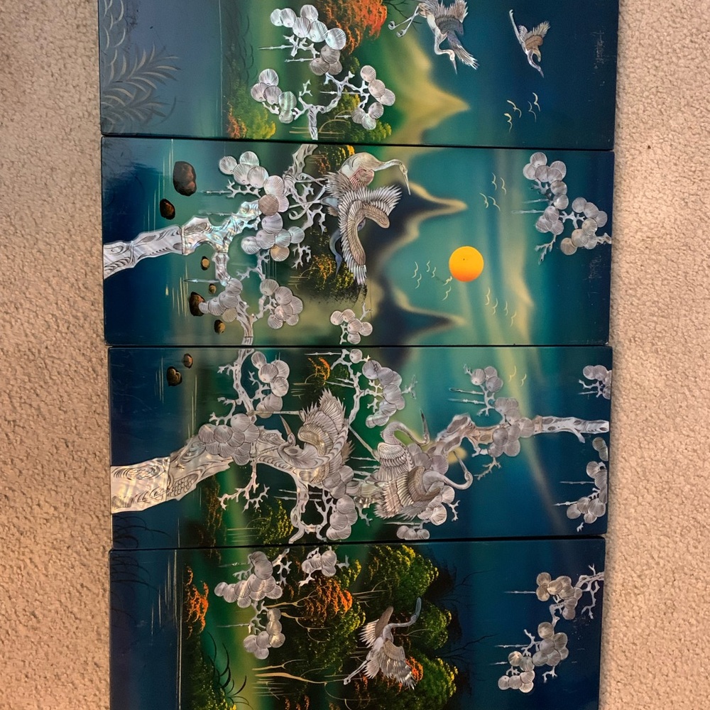 Silver Tree & Crane 5-Panel Wall Art in Teal and Yellow